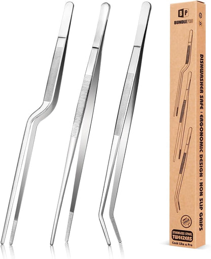 Fine Cooking Tweezers Set, Professional Stainless Steel Food Tongs, Kitchen Black Long Chef Tweezer for Cooking, Plating, Decorating and BBQ (SILVER, 12 inch)