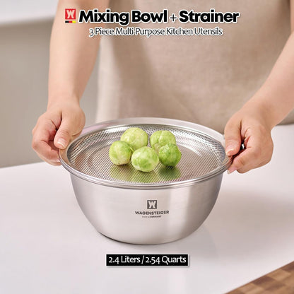 WAGENSTEIGER 3-Piece Stainless Steel Mixing Bowl Set with Strainer & Oil Drain Tray – Nesting Prep & Baking Bowls with Measurement Marks (9.45 in)