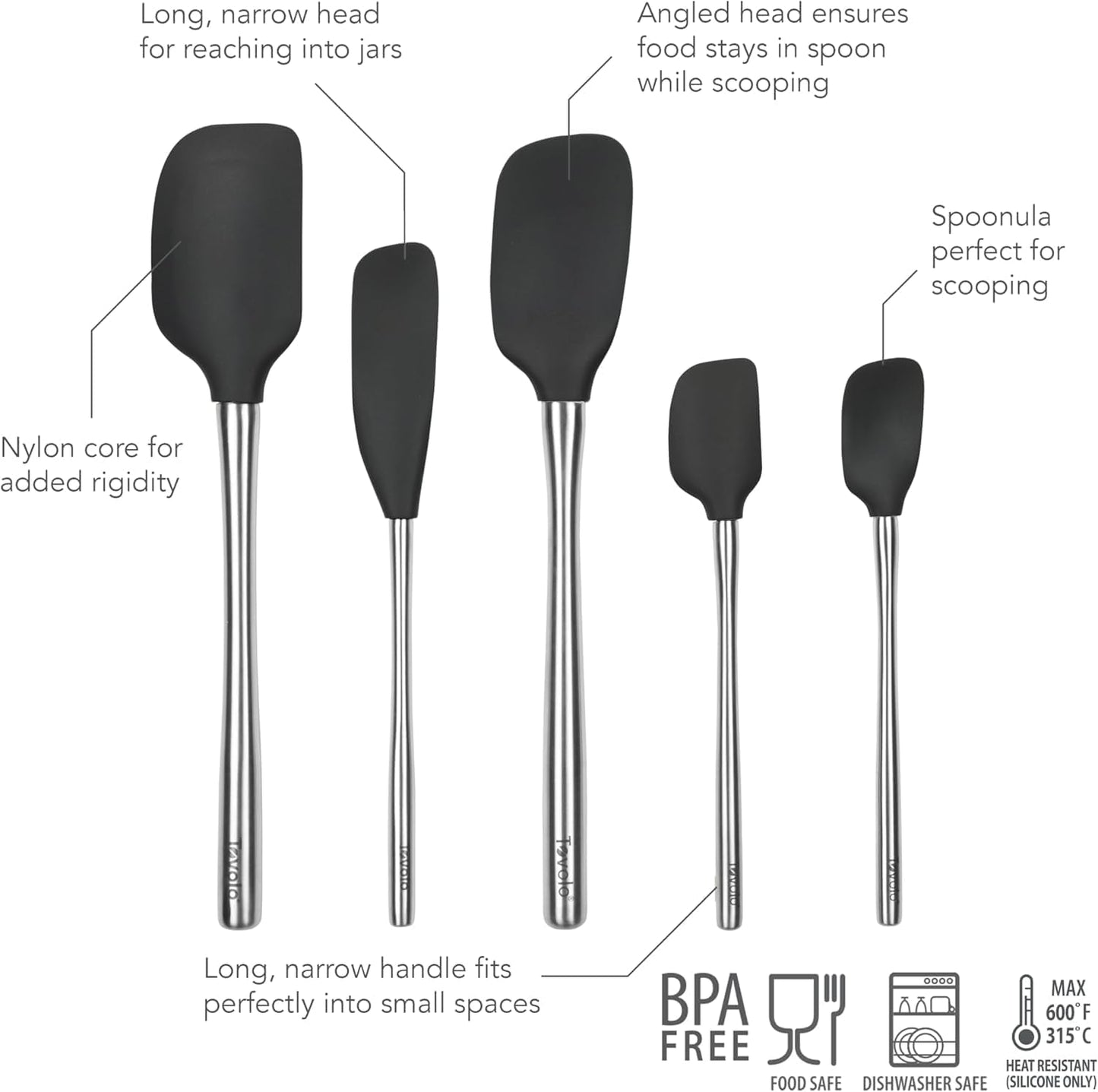 Tovolo Flex Core 5 Piece Silicone Spatula Set Heat Resistant All Silicone Utensils Include Non Stick Spatula Spoonula Jar Scraper, Dishwasher Safe BPA Free Spatulas for Baking Mixing, White