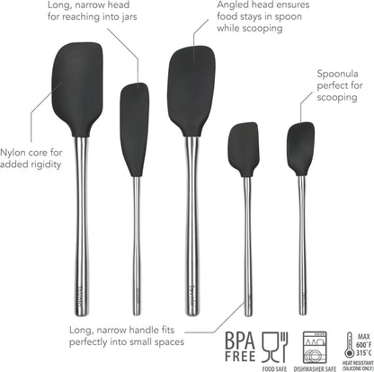 Tovolo Flex Core 5 Piece Silicone Spatula Set Heat Resistant All Silicone Utensils Include Non Stick Spatula Spoonula Jar Scraper, Dishwasher Safe BPA Free Spatulas for Baking Mixing, White