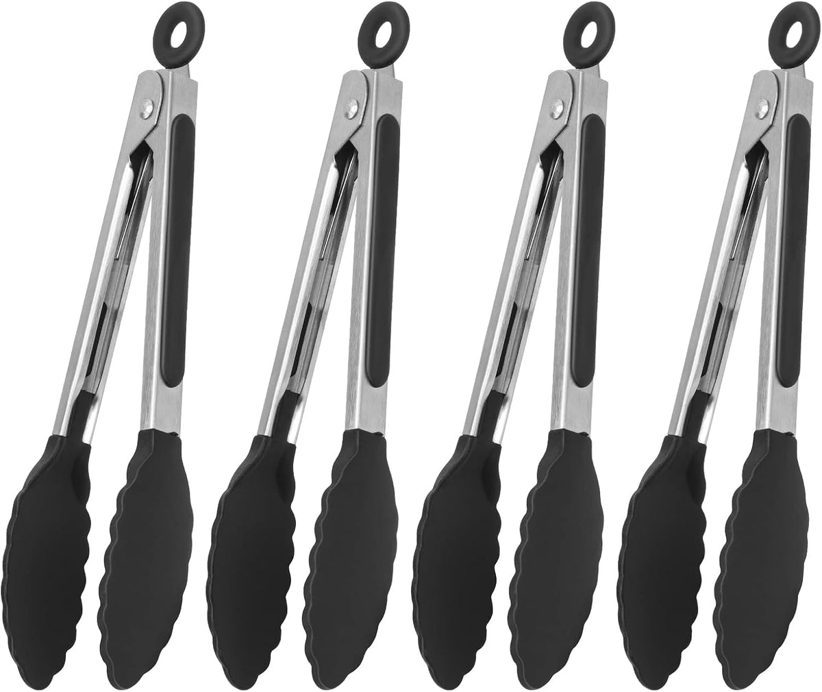 Serving Tongs Kitchen Tongs - Heat Resistant, Premium Stainless Steel Locking Cooking Tongs with Silicone Tips, Non-Slip Food Tongs for Cooking, Heavy Duty, Non-Stick (7 Inch)