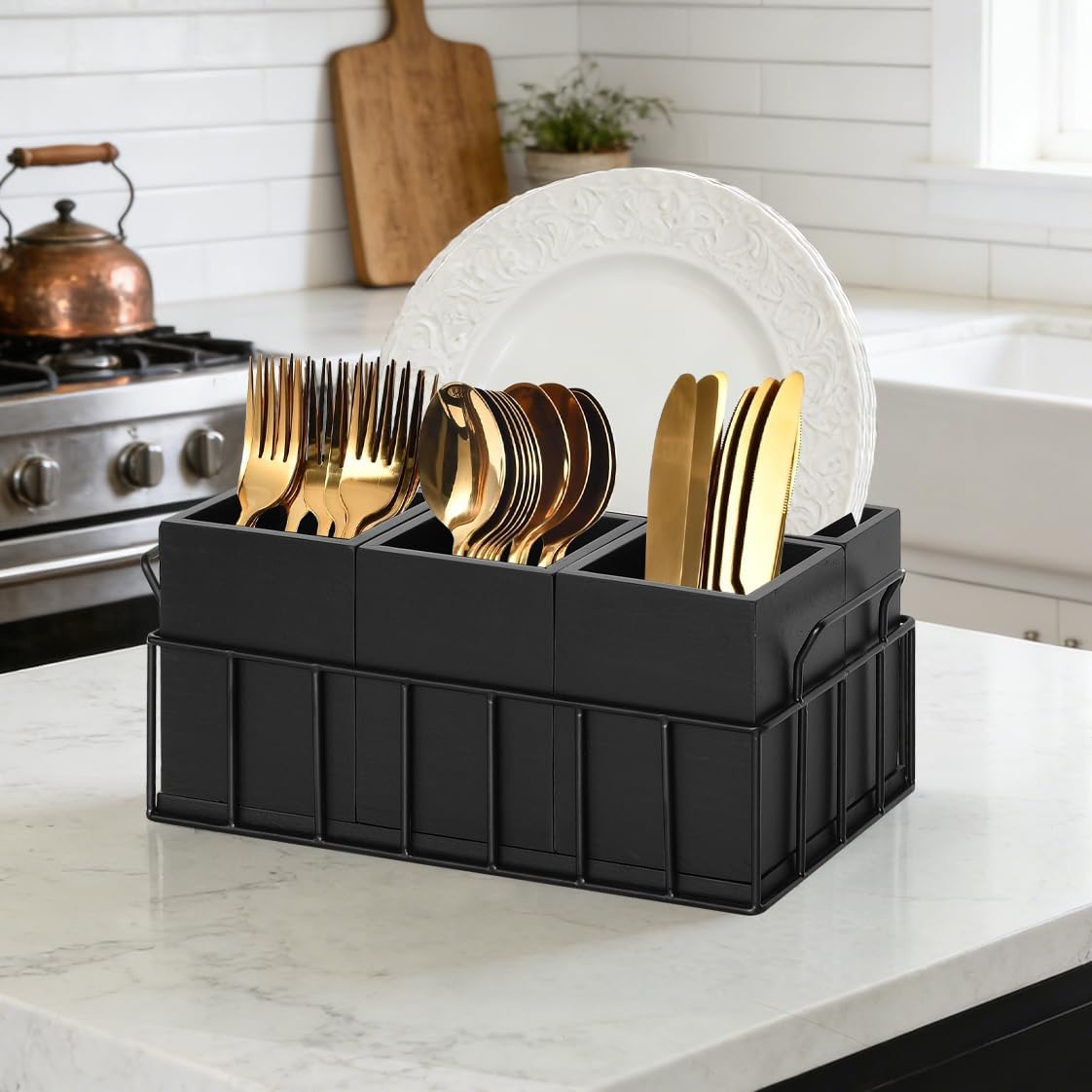 Silverware Holder for Party, Acacia Utensil Holder with 4 Removable Compartments for Countertop, Silverware Caddy Flatware Organizer Box for Utensil Spoons Forks Plate Napkin, Detachable Sevring Caddy
