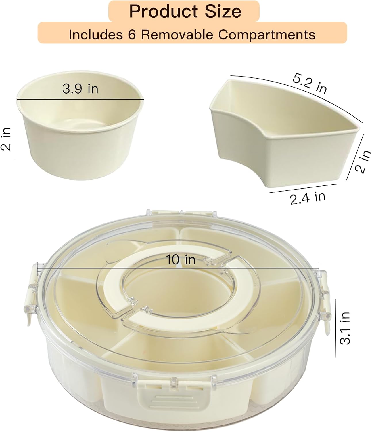 Rotating Divided Serving Tray with Lid and Handle,6 Compartments Snackle Box Container,12" Large Snack Spinner Lazy Susan,Fruit Veggie Tray Portable Round Snack Box Candy Fridge Organizer Platterbox