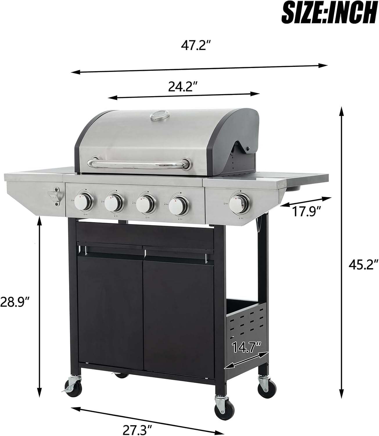 4 Burner Outdoor Propane Gas Grill with Side Burner & Thermometer, Stainless Steel Barbecue Grill with Wheels for Patio BBQ Cooking, Camping