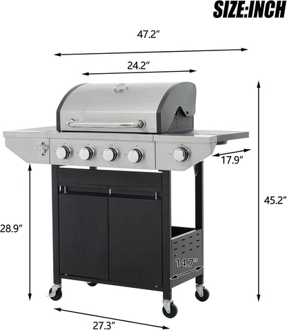 4 Burner Outdoor Propane Gas Grill with Side Burner & Thermometer, Stainless Steel Barbecue Grill with Wheels for Patio BBQ Cooking, Camping