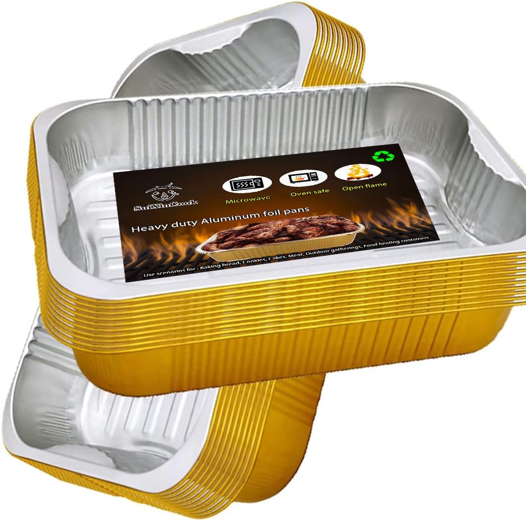 Aluminum Foil Pans with lids 10pack Heavy Duty 2LB Small foil pan 8.5"×6" Disposable, For Microwave & Oven Safe Cooking,Baking,A takeaway food container,Gold