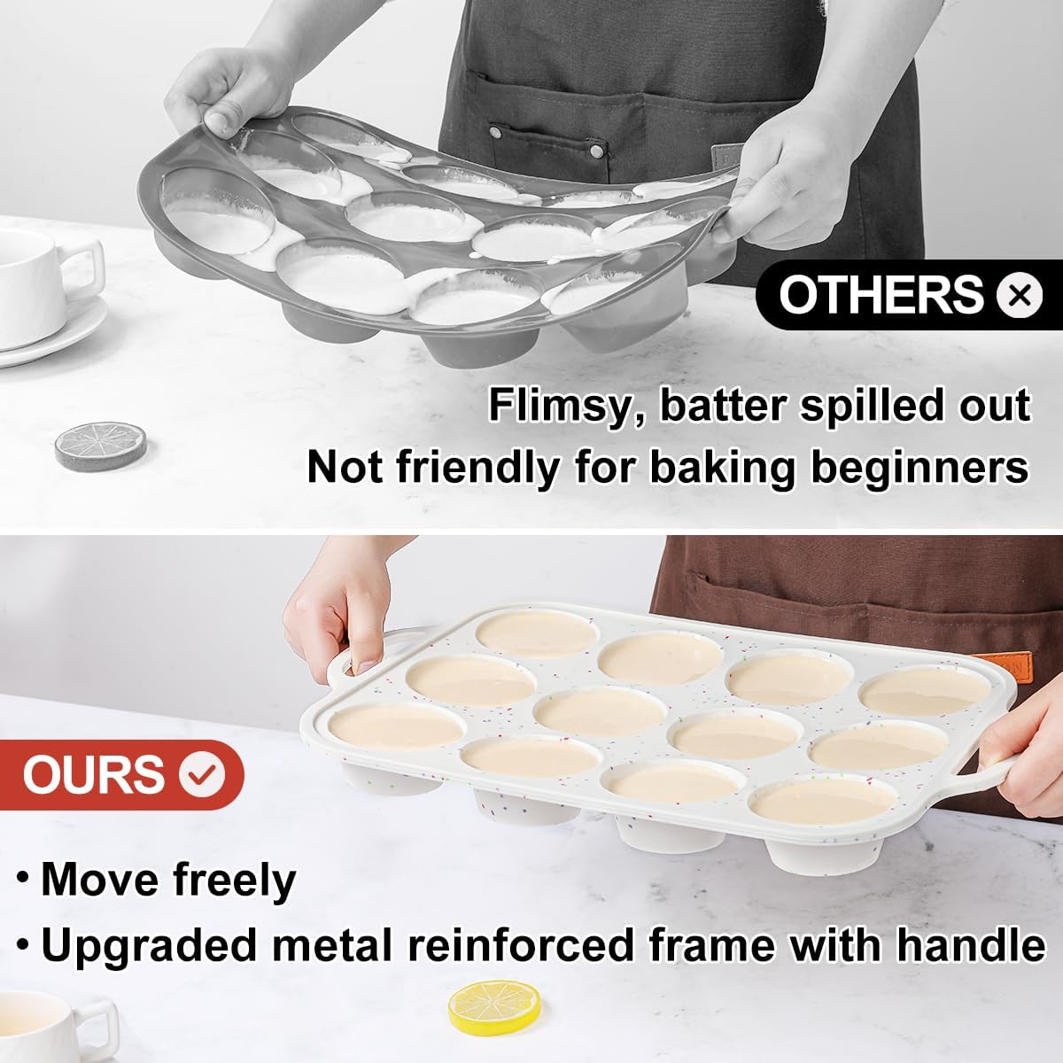CAKETIME Mini Muffin Pan, Metal Reinforced Frame Mini Cupcake Pans 24 Cups Nonstick Muffin Silicone Molds with Handle for Baking Muffins, Cupcakes, Egg Bites 2 Pack