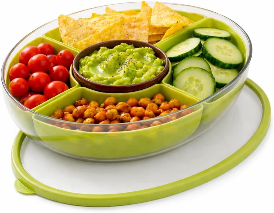 Divided Serving Tray with Lid, 5 Removable Compartments Snack & Veggie avocado shaped Tray with Center Dip Bowl, Portable Food Storage Container for Fruit, Charcuterie, Travel, Work & Parties