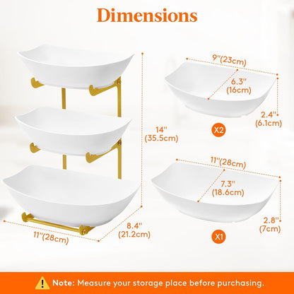 Lifewit Plastic Fruit Bowl for Kitchen Counter, 3 Tier Fruit Basket with Gold Metal Stand, Tiered Fruit Holder for Countertop Serving Tray for Vegetable/Dessert in Party 28 x 21 x 35cm/11 x 8.4 x 14