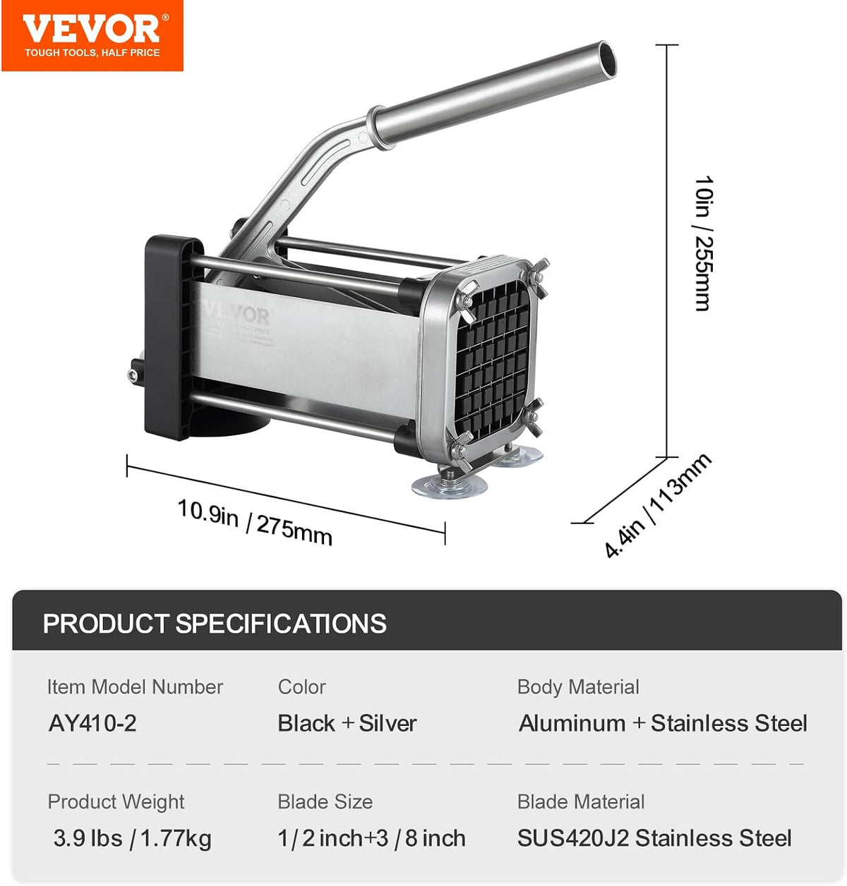 VEVOR French Fry Cutter, Potato Slicer with 1/2", "3/8", "1/4 Stainless Steel Blades, Manual Potato Cutter Chopper with Suction Cups, Great for Potato, French Fries, Cucumber, Vegetables, Carrot