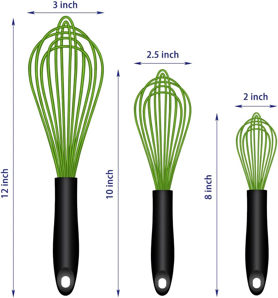 OYV Dishwasher Safe Silicone Whisk, Sealed Waterproof Design Set of 3, Professional Kitchen Whisks for Cooking Non-Scratch, Silicone & Stainless Steel Whisk, Heat Resistant Balloon Egg Beater, Black