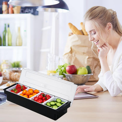 Ice Cooled Condiment Serving Container-6 Compartment Chilled Garnish Tray Bar Caddy with Hinged Lid (6 Compartments)