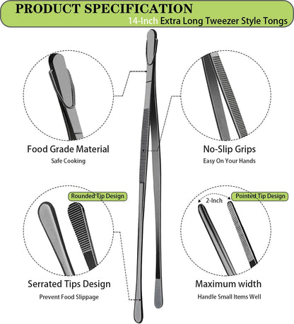 JETKONG 2 Pcs 12-Inch Kitchen Tweezers Fine Tweezer Tongs, Extra-Long Stainless Steel Cooking Tweezers (Silver)