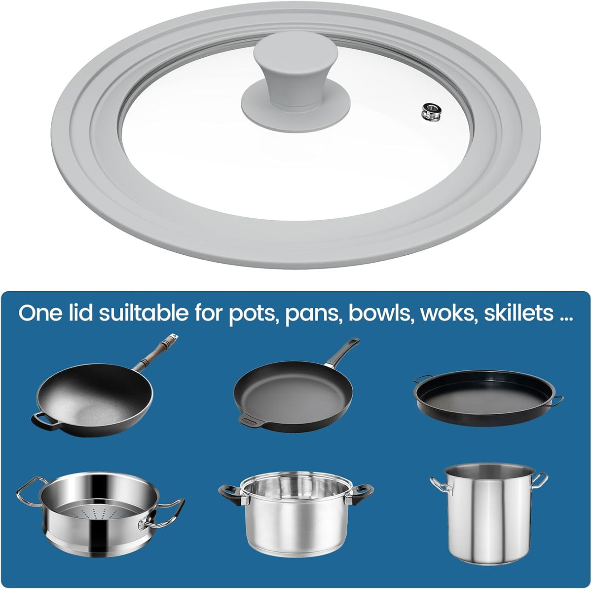 TOPULORS Universal Lid for Pots, Pans, and Skillets - Tempered Glass Lid with Silicone Rim Fits 8", 9", 9.5" Inner Diameter Cookware Frying Pan Cover Replacement Lid - Dishwasher Safe, Grey