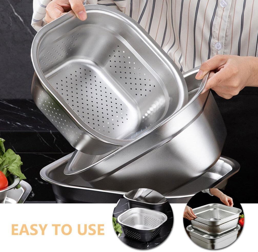 Zerodeko Stainless Steel Colander Bowl Set Square Kitchen Sink Metal Storage Basket Large Capacity Fruit Vegetables Washing Basin Rice Strainer Washer 22cm