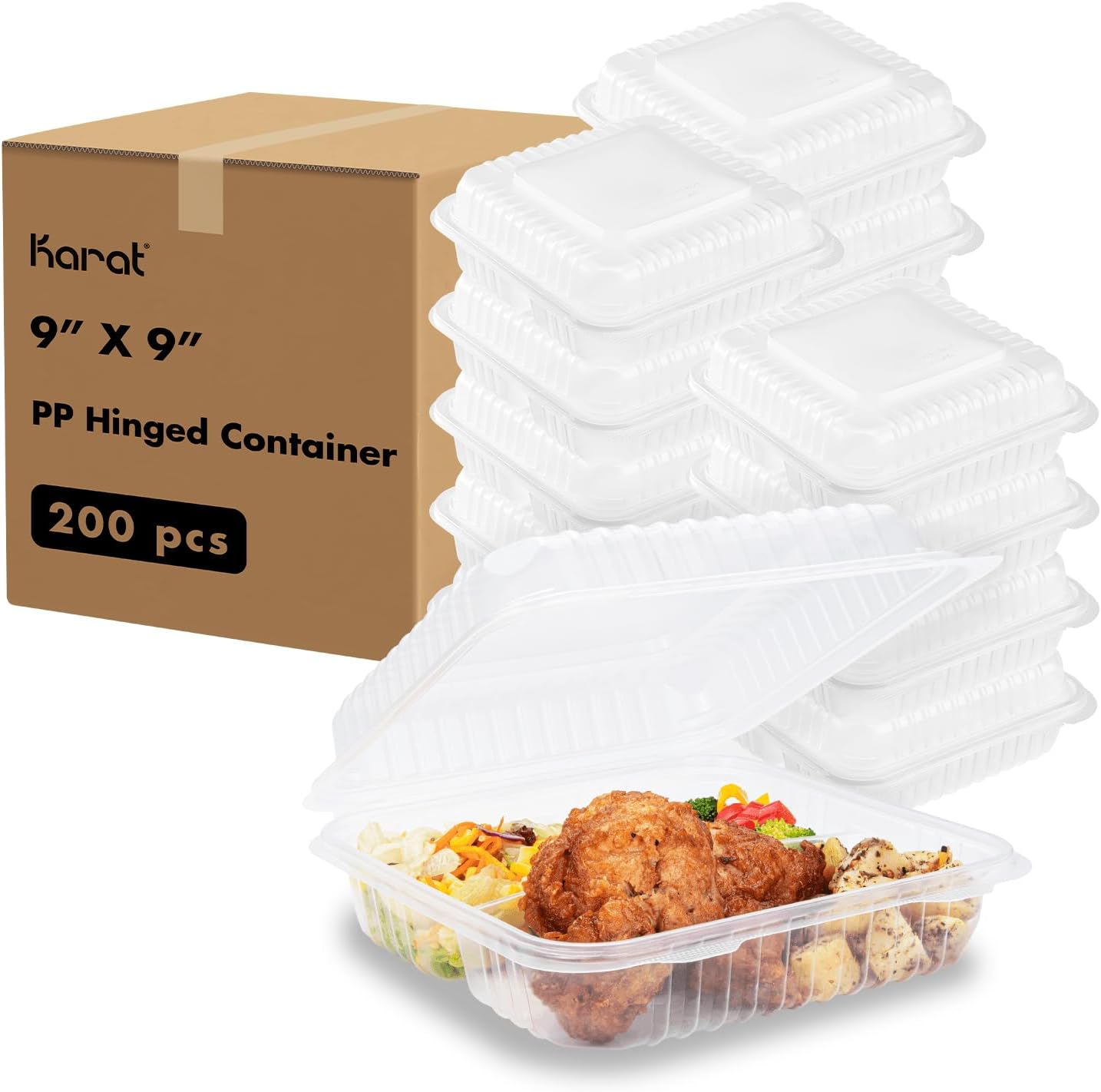 Karat FP-HC99PP-3CU 9"X 9" PP Hinged Containers 3 Compartment - (Case of 200)
