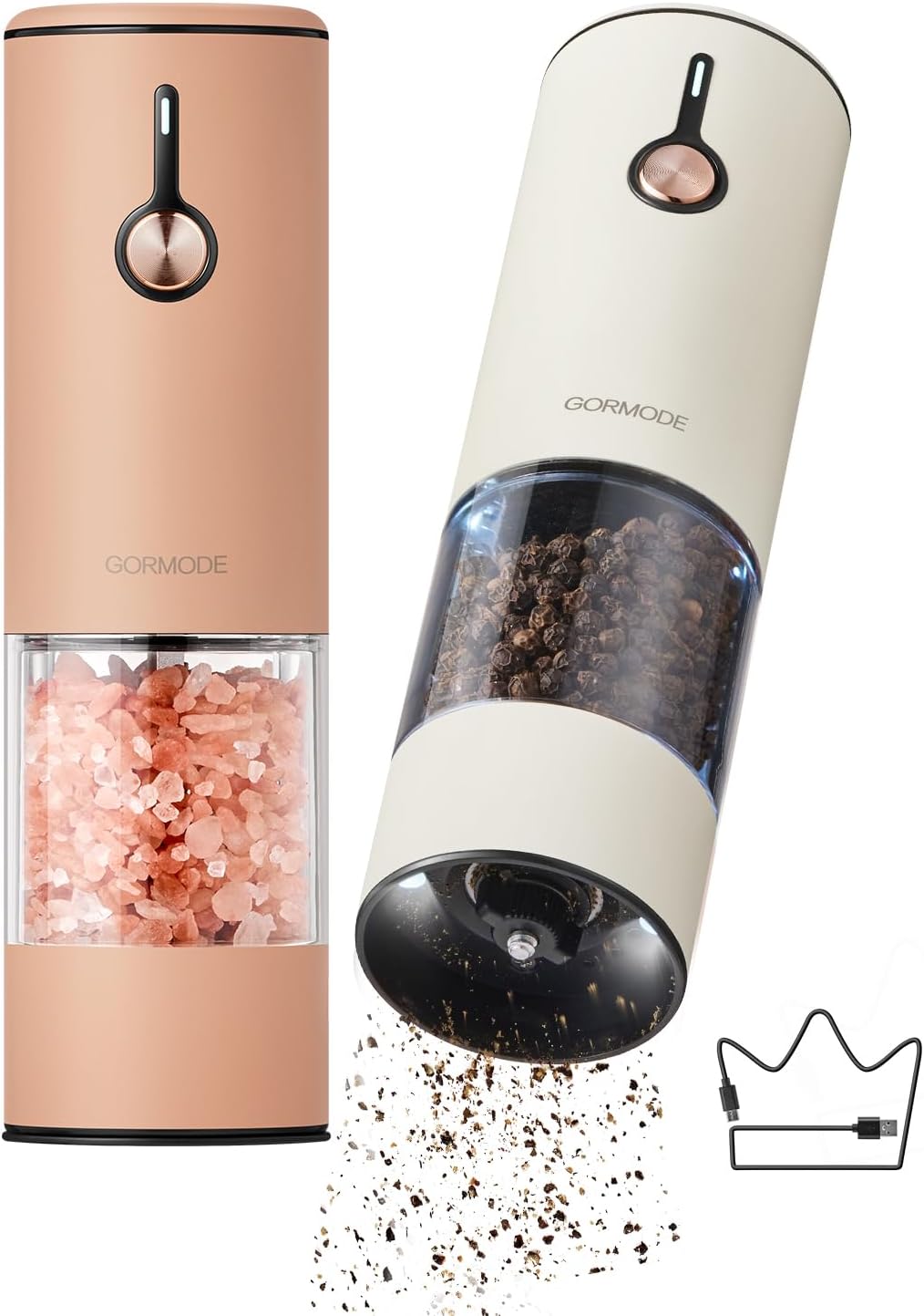 Stainless Steel Rechargeable Electric Salt and Pepper Grinder Set – USB Charging, One-Hand Electric Mill, Adjustable Coarseness, LED Light & Dust Cover –2pack(Greige & Buttercream)