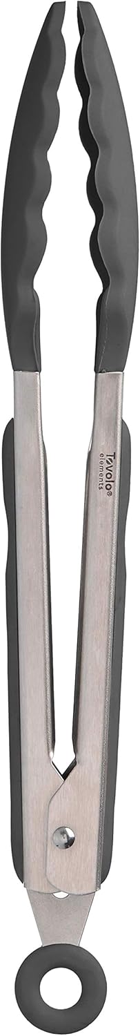 Tovolo Stainless Steel Tongs with Silicone Tips Set of 3 Mini 7” 9” 12 Inch with Easy Lock Mechanism for Cooking Grilling Air Fryer Serving, Red Black Charcoal Gray Heat Resistant Kitchen Tongs