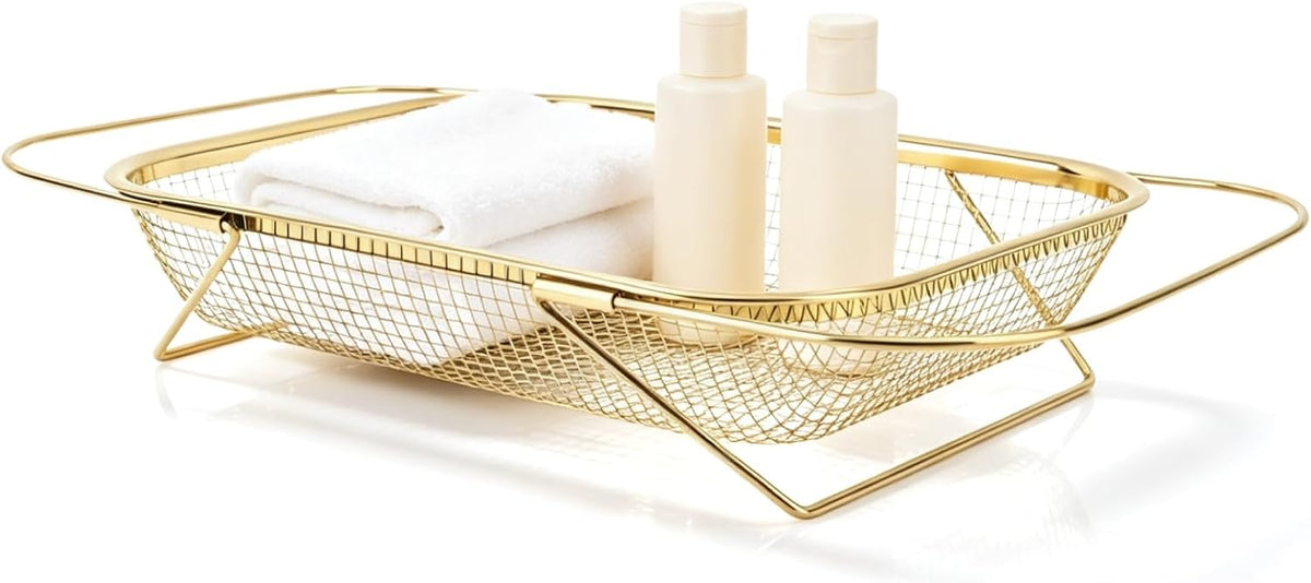 Over The Sink Colander, Stainless Steel Expandable Baskets with Handles Rectangle Kitchen Fine Mesh Strainer Basket for Strain Drain Rinse Fruits Vegetables (Gold)