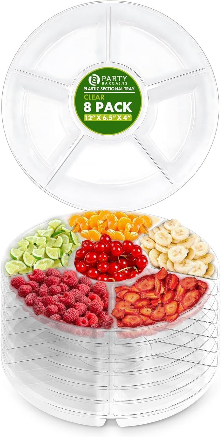 PARTY BARGAINS 12" Round Plastic Serving Tray, 6-Sections, Clear, Pack of 1