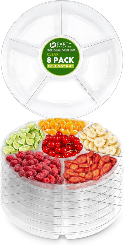 PARTY BARGAINS 12" Round Plastic Serving Tray, 6-Sections, Clear, Pack of 1
