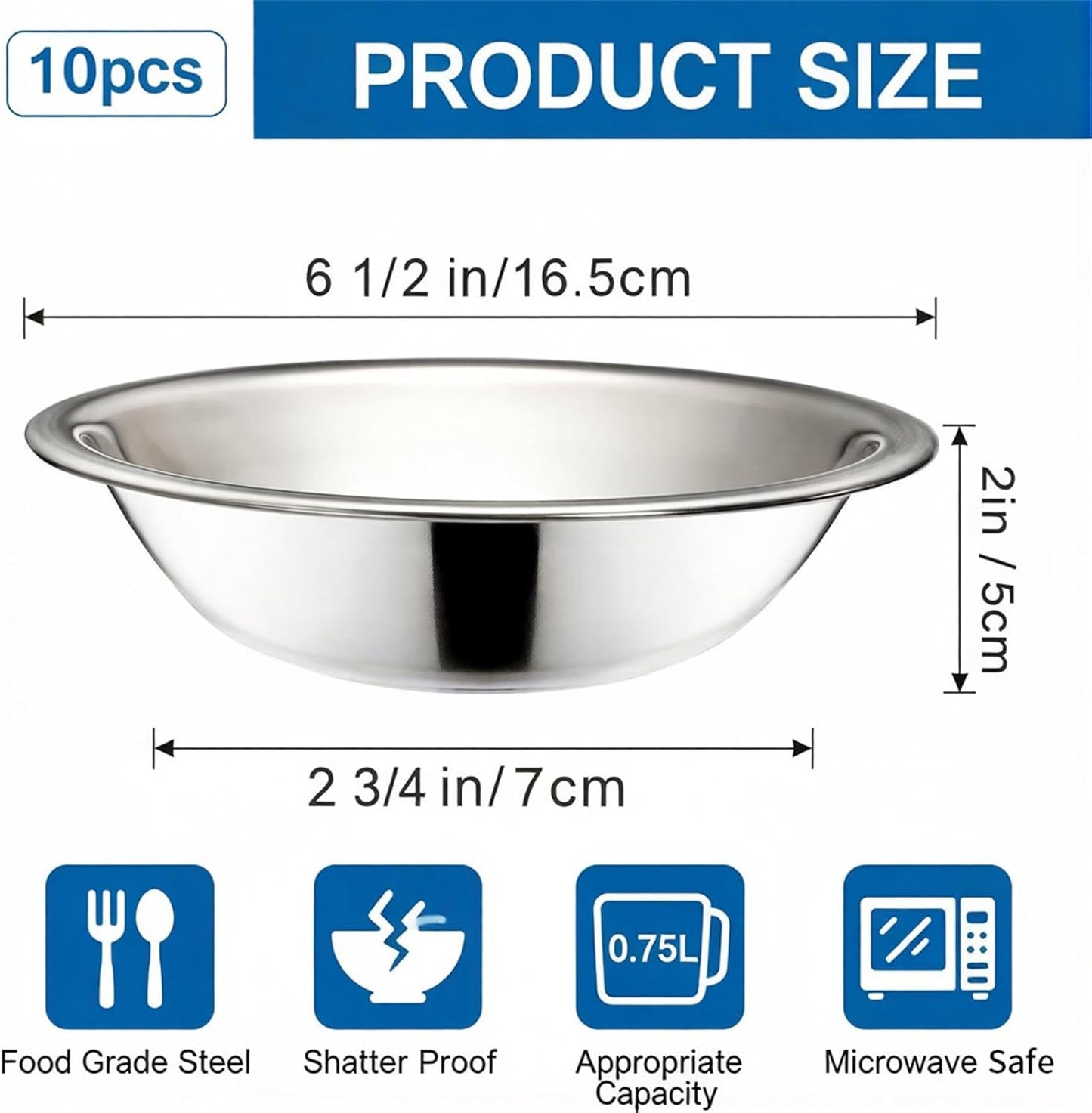Okllen 10 Pack Small Stainless Steel Bowls, 6 1/2 Inch Wide Kitchen Metal Bowl with Flat Base, 3/4 Quart Prep Bowls for Meal Prep, Cooking, Serving, Baking