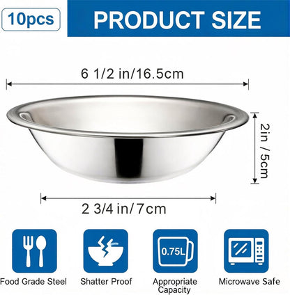 Okllen 10 Pack Small Stainless Steel Bowls, 6 1/2 Inch Wide Kitchen Metal Bowl with Flat Base, 3/4 Quart Prep Bowls for Meal Prep, Cooking, Serving, Baking