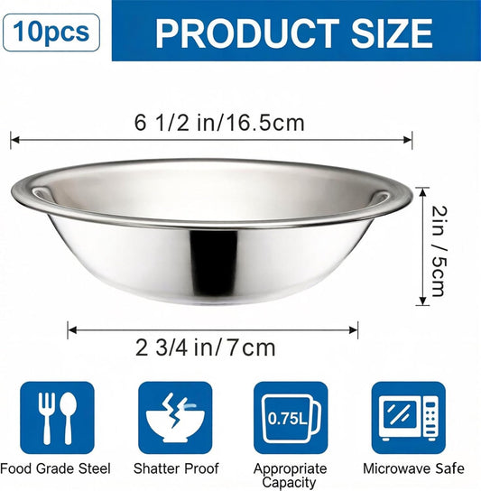 Okllen 10 Pack Small Stainless Steel Bowls, 6 1/2 Inch Wide Kitchen Metal Bowl with Flat Base, 3/4 Quart Prep Bowls for Meal Prep, Cooking, Serving, Baking