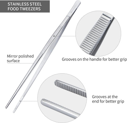 Set of 3 Kitchen Tweezers Fine Tweezer Tongs, MSY BIGSUNNY Stainless Steel Food Tweezers, Precision Serrated Tips Food Tongs (8.5" 10" and 12")