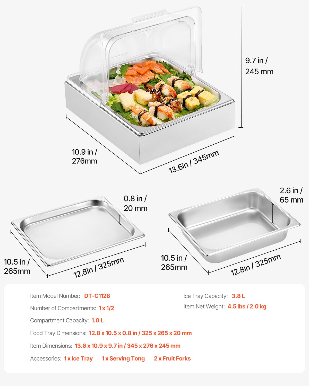 VEVOR Chilled Condiment Server, 4 Compartment Ice Cooled Condiment Serving Container, Chilled Garnish Tray Bar Caddy with Lid, for Bartending & Serving Taco, Salad, Fruit, Home & Restaurant Supplies