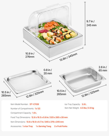 VEVOR Chilled Condiment Server, 4 Compartment Ice Cooled Condiment Serving Container, Chilled Garnish Tray Bar Caddy with Lid, for Bartending & Serving Taco, Salad, Fruit, Home & Restaurant Supplies