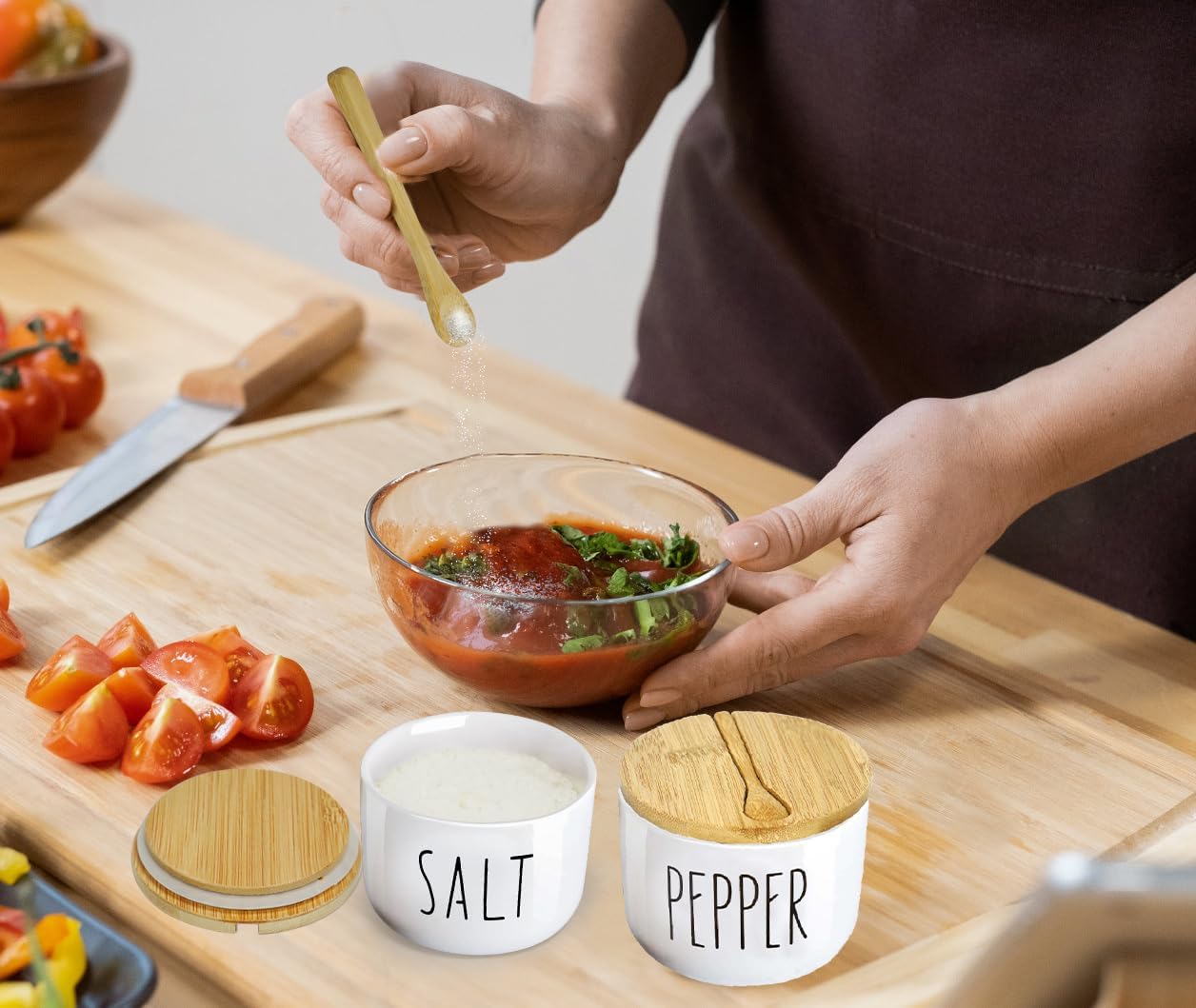 Farmhouse Salt And Pepper Containers,Salt Containers For Countertop,Stacked Ceramic Cellar With Bamboo Lid, Spice Box With Spoon,Seasoning Holder with lid,Ceramic Bowls (B&W H)