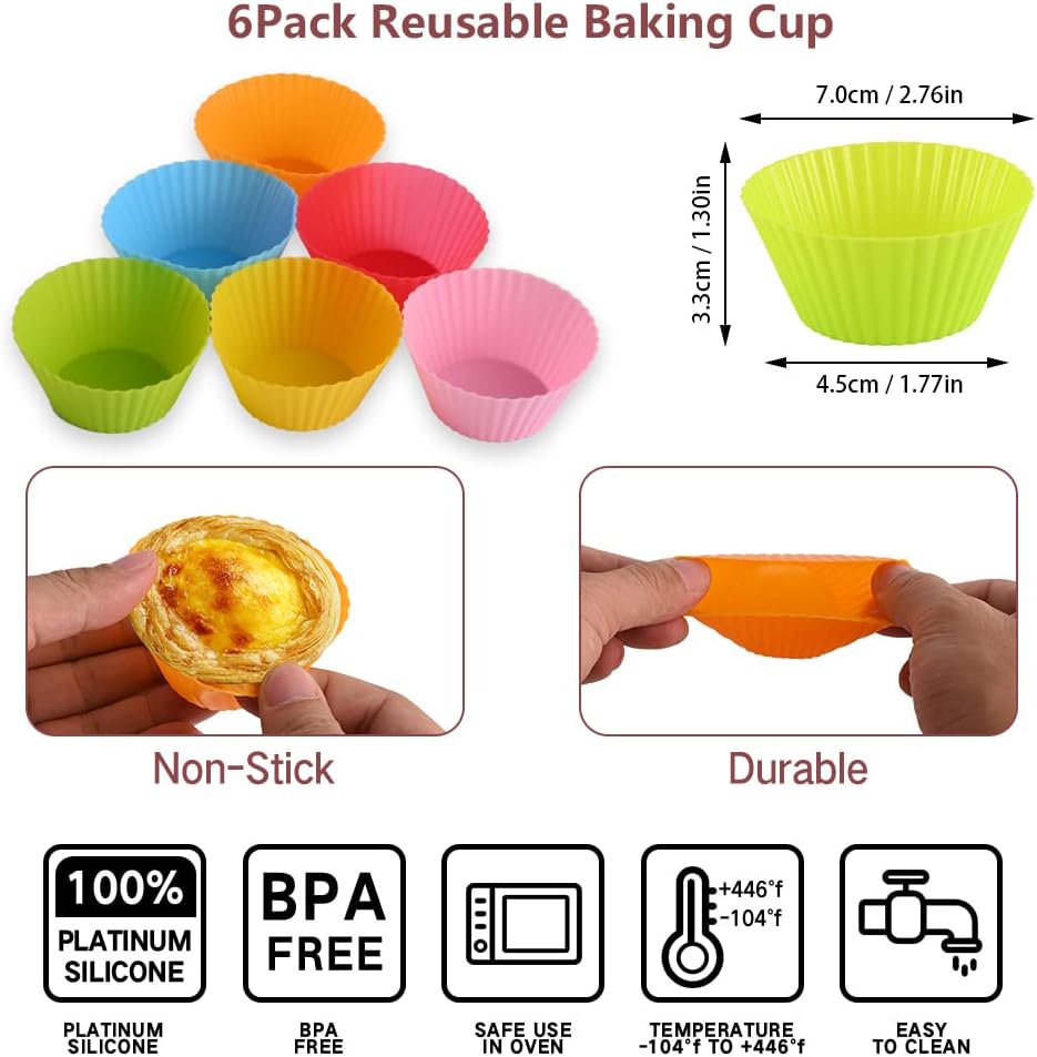Abnaok 2PCS Egg Bites Silicone Molds with 6 PCS Silicone Cupcake Liners, BPA Free, 4 Inches Round Non-Stick Muffin Top Pan for Breakfast Sandwiches, Egg Bites, Hamburger Buns, Tart, Pancake