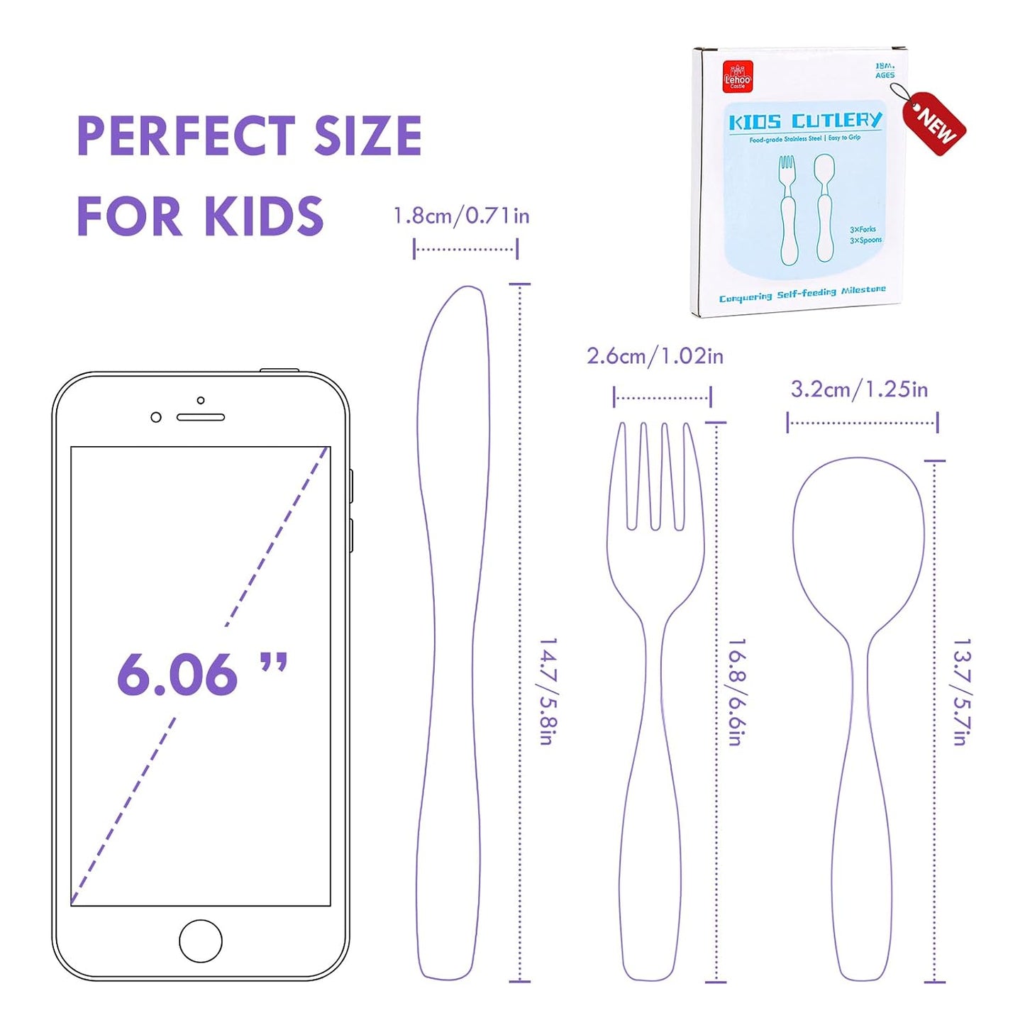 Lehoo Castle 6 Pieces Toddler Utensils, Kids Silverware for 2 3 4 Years Old, Stainless Steel Fork and Spoon Set with Plastic Handle, Safe Toddler Cutlery (Dinosaur)