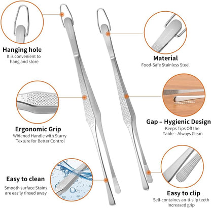 Stainless Steel Cooking Tweezers Set, 10 & 12 Inch Precision Kitchen Tweezers with Star Dot Texture & Elevated Tips | Galaxy Grip Series, 4-Piece (Silver)