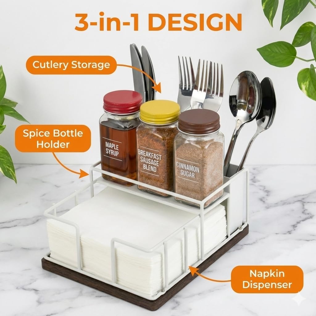 Napkin Holder for Table, 3-in-1 Wood & Metal Utensil Caddy, Cutlery Organizer & Spice Rack for Kitchen Counter, Dining, Outdoor Patio (Black)