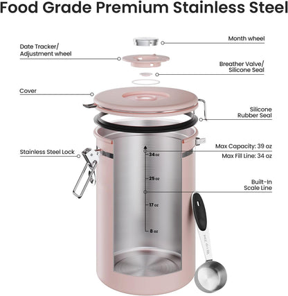 Veken Coffee Canister with Window, Family Choice Awards Winner, Airtight Stainless Steel Home Kitchen Food Storage Container with Lids for Grounds, Beans, Tea, Flour,Cereal,Sugar Jars,Scoop,16OZ,Black
