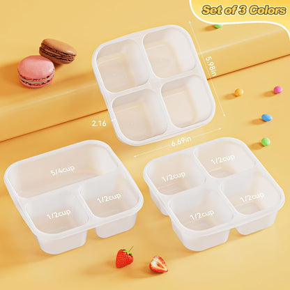 6 Pcs Snack Box Container Set, Reusable 3&4 Compartment Meal Prep Snack Containers for Adults Kids Toddler, BPA-Free Divided Lunchable Container for School, Work and Travel (Transparent Lids)