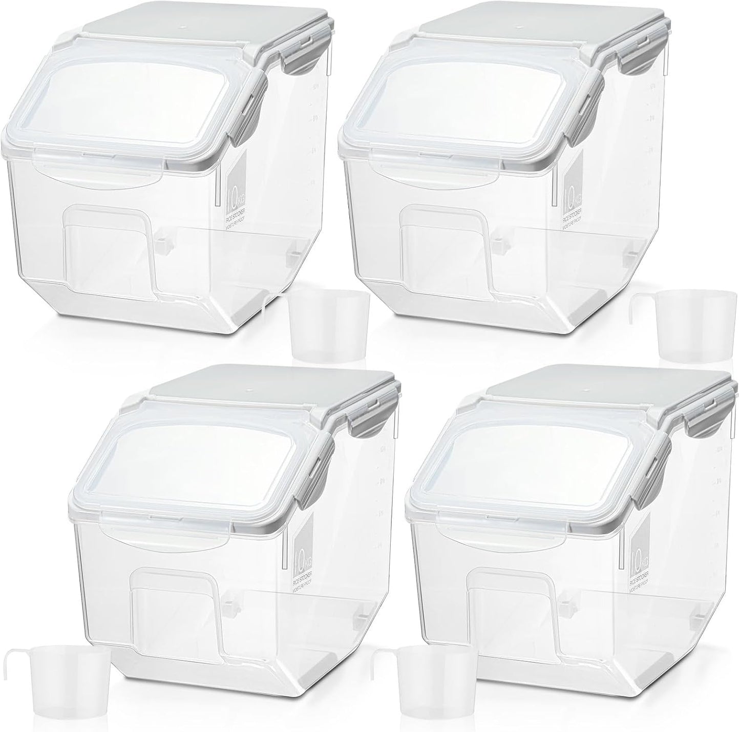 Umigy 4 Pack Rice Storage Container Flour Storage Bin with Wheels White Plastic Airtight Lid Boxes for Dog Pet Food Cereal Grain Dry Food (10 Liter / 20 lbs)