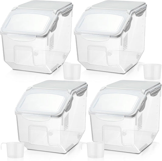 Umigy 4 Pack Rice Storage Container Flour Storage Bin with Wheels White Plastic Airtight Lid Boxes for Dog Pet Food Cereal Grain Dry Food (10 Liter / 20 lbs)