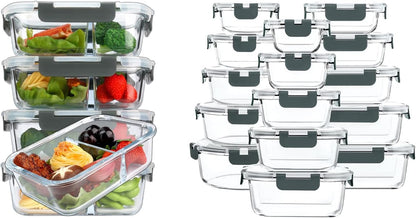 M MCIRCO 36 oz 2 Compartments Glass Meal Prep Containers set of 5 and 30Pcs Glass Food Storage Containers Set