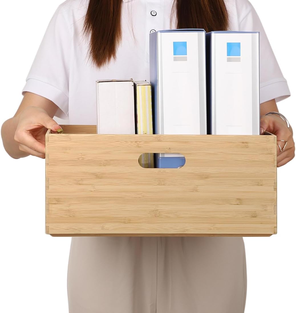BAMOTTO CRAFTBAMBOO 2-Piece Large Bamboo Storage Box Set - 7.1in High Stackable Deep-Drawer Organizer, Lidless Bin for Kitchen Cutlery Utensils, Home & Office (14.6"x10.2"x7.1"+14.6"x10.2"x3.1")