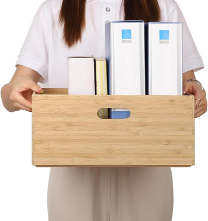 BAMOTTO CRAFTBAMBOO 2-Piece Large Bamboo Storage Box Set - 7.1in High Stackable Deep-Drawer Organizer, Lidless Bin for Kitchen Cutlery Utensils, Home & Office (14.6"x10.2"x7.1"+14.6"x10.2"x3.1")