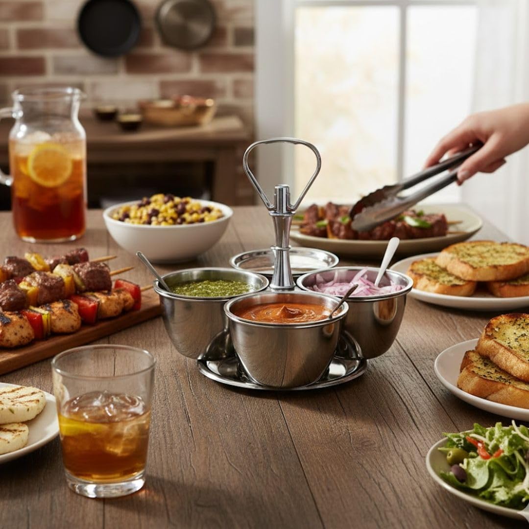 Soro Essentials- 3 Compartments Stainless Steel Relish Server 8 oz Capacity Per Cup- Serving Tray with Lid Condiment Server Condiment Serving Garnish Bar Container for Home Kitchen Restaurant