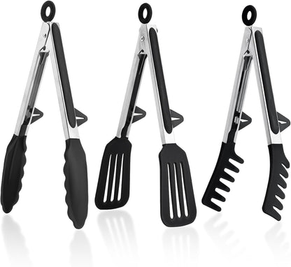 Kitchen Tongs,Set Of 3 Tongs with Silicone Tip for Cooking 9/12 Inch Stainless Steel Kitchen Tong for Meat,Food Grill,Salad,BBQ,Frying,Serving,Dishwasher (Black, 12 Inch)