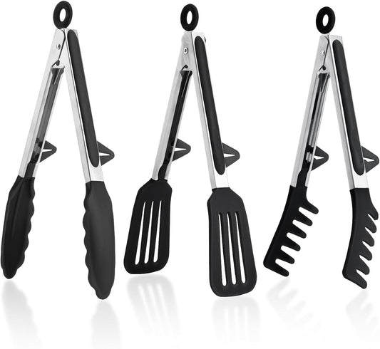 Kitchen Tongs,Set Of 3 Tongs with Silicone Tip for Cooking 9/12 Inch Stainless Steel Kitchen Tong for Meat,Food Grill,Salad,BBQ,Frying,Serving,Dishwasher (Black, 12 Inch)