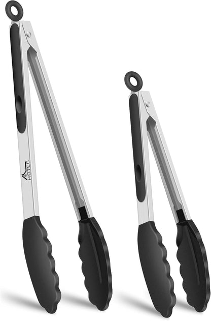 HOTEC Premium Stainless Steel Locking Kitchen Tongs with Silicon Tips, Set of 2-9" and 12"