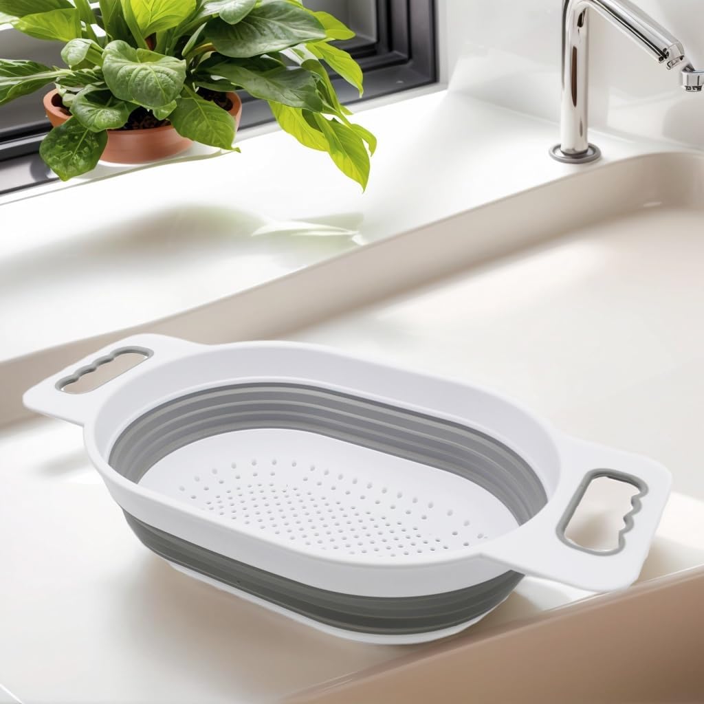 SAMMART 5L (1.3 gallon) Over The Sink Oval Colander (1, Grey/Fluorescent Green)