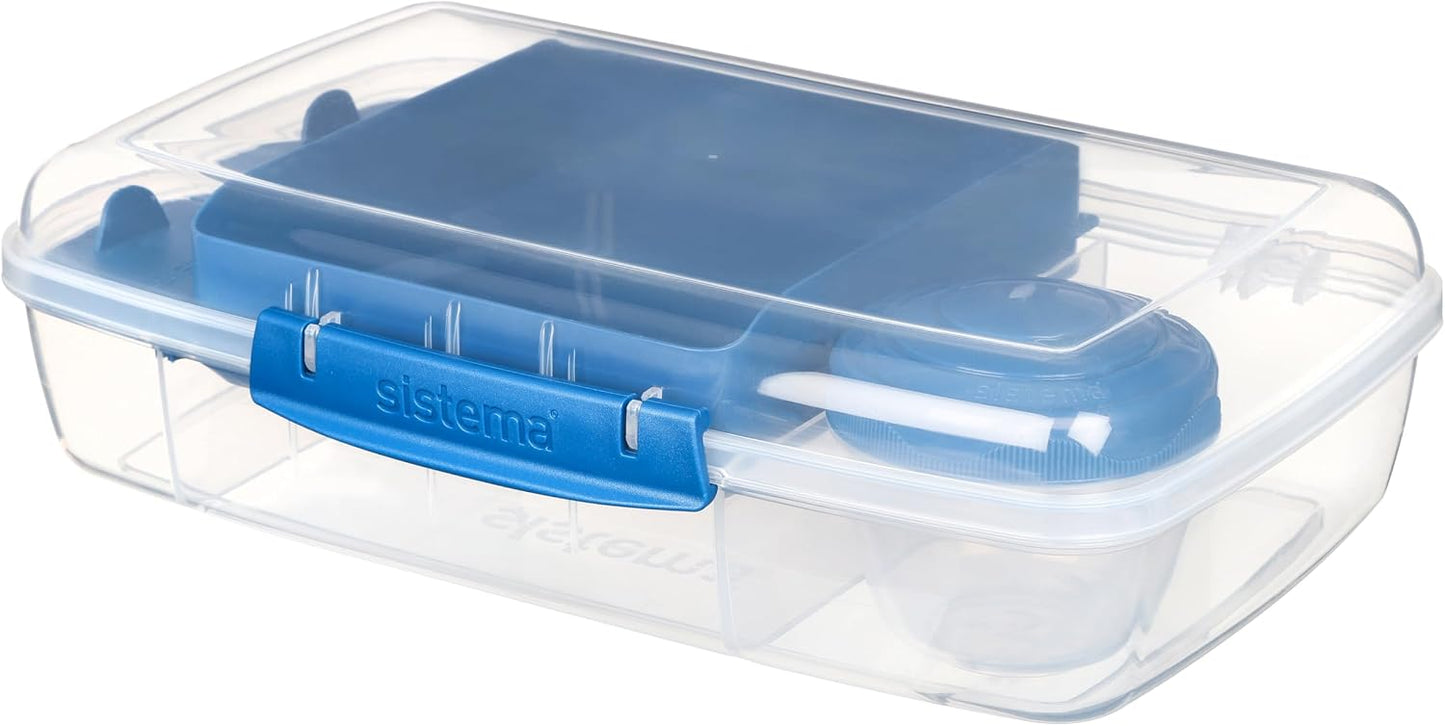 Sistema Bento Box Adult Lunch Box with 3 Compartments, 2 Removable Trays, and Salad Dressing Container, Dishwasher Safe, Color May Vary, 42 oz./1.25L Size (Pack of 4)