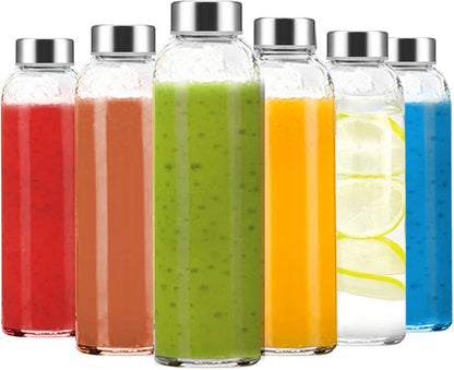 Clear Glass Bottles with Lids 18 oz, Reusable Glass Water Bottles with Stainless Steel Cap for Refrigerator, Juicing, 100% Leak Proof, BPA Free, Juice Bottle Drinking Jar Containers Set of 6